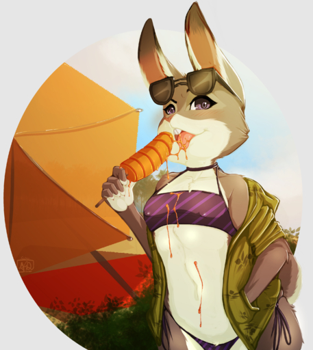 2016 absurd_res anthro avante92 beach bikini breasts buckteeth clothed clothing dripping eating eyewear eyewear_on_head female food fur grey_body grey_fur hand_in_pocket hi_res holding_object judy_hopps lagomorph leporid long_ears mammal navel nipple_outline open_clothing open_mouth open_shirt open_topwear outside pockets popsicle purple_eyes rabbit seaside shirt small_breasts solo sunglasses swimwear teeth tongue tongue_out topwear white_body white_fur // 2652x2972 // 4.3MB