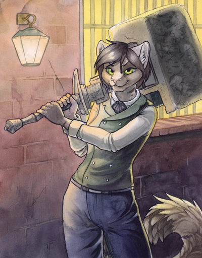 anthro bloodborne brown_hair clothed clothing crossdressing detailed_background domestic_cat felid feline felis female fromsoftware green_eyes hair holding_object holding_weapon mammal ruaidri smile solo sony_corporation sony_interactive_entertainment tomboy video_games weapon woodside // 844x1079 // 1.5MB