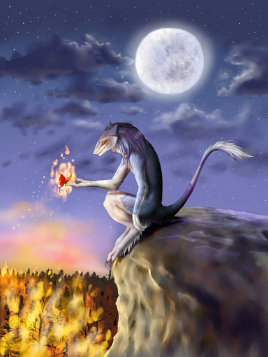 3:4 amber_eyes anthro arthropod blue_body blue_fur butterfly claws cloud detailed_background duo fire full_moon fur hi_res insect lepidopteran male mammal markus_(dowantanaccount) moon night nude outside scenic_view sergal shiniwulf side_view size_difference sky smile solo_focus star starry_sky // 1200x1600 // 937.6KB