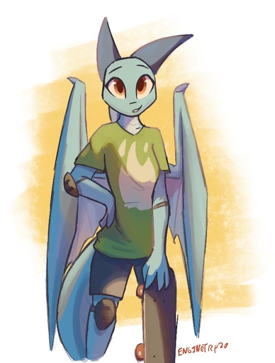 2020 anthro blue_body bottomwear brown_eyes clothed clothing dragon enginetrap female fully_clothed horn looking_at_viewer membrane_(anatomy) membranous_wings scalie shirt shorts skateboard smile solo standing syl_(enginetrap) t-shirt topwear western_dragon wings // 667x880 // 64.0KB