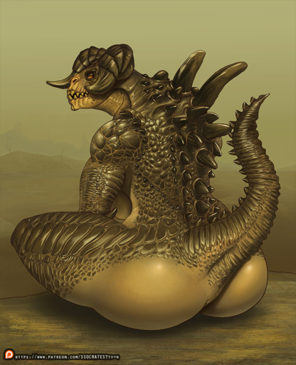 bethesda_softworks big_breasts big_butt breasts brown_body brown_scales busty_feral butt da_polar_inc deathclaw english_text fallout female feral horn looking_back non-mammal_breasts nude orange_eyes patreon rear_view scales scalie sitting solo teeth text url video_games // 813x1000 // 1.0MB