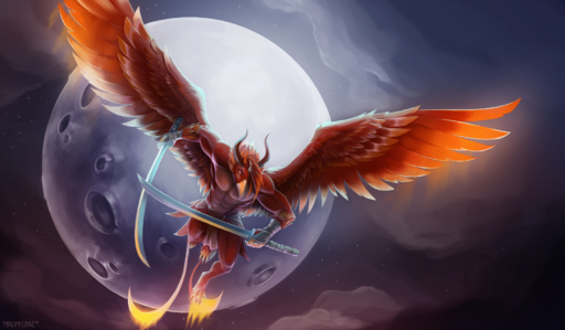 2018 anthro avian bird clothed clothing digital_media_(artwork) feathered_wings feathers flying hair hi_res holding_object holding_sword holding_weapon horn male melee_weapon mindmachine moon night outside red_body red_feathers red_hair solo sword topless weapon wings // 1800x1052 // 3.5MB