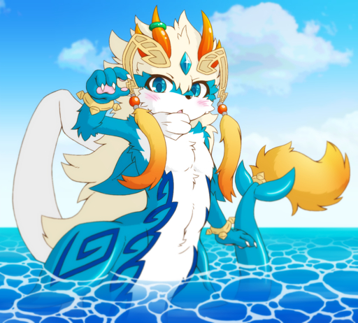 acky05 blue_body blue_eyes blue_skin blush canid canine cetacean dragon fur hi_res hybrid looking_at_viewer male mammal marine pawpads seascape shaorune solo water white_body white_fur // 1403x1265 // 1.1MB