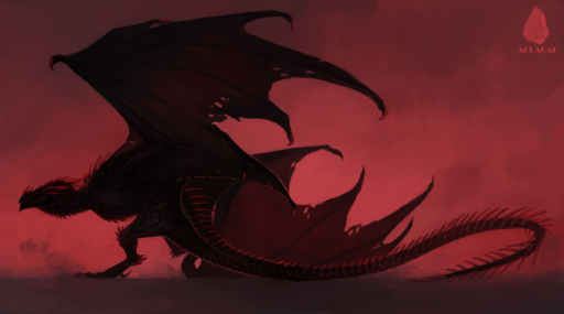 2019 absurd_res allagar ambiguous_gender black_body black_scales digital_media_(artwork) dragon feral hi_res horn membrane_(anatomy) membranous_wings red_eyes red_theme scales solo spines wings wyvern // 4451x2480 // 7.8MB