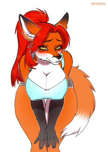 absurd_res aeril_(helios) anthro blush breasts canid canine cleavage clothed clothing female fox hi_res looking_at_viewer mammal nipple_outline simple_background solo standing white_background xngfng95 // 2012x2828 // 2.0MB