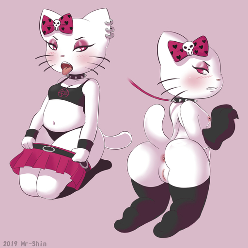 1:1 2019 <3 <3_eyes angry anthro anus belly blush bottomwear bow_(disambiguation) breasts butt cleavage clenched_teeth clothed clothing collar digital_media_(artwork) domestic_cat ear_piercing ear_ring eyeshadow felid feline felis female genitals hello_kitty_(character) hello_kitty_(series) hi_res leash looking_back makeup mammal mr-shin nipple_piercing nipples open_mouth panties piercing pussy sanrio short_stack simple_background skirt solo spiked_collar spikes teeth tongue tongue_out underwear whiskers wristband // 1400x1400 // 525.9KB