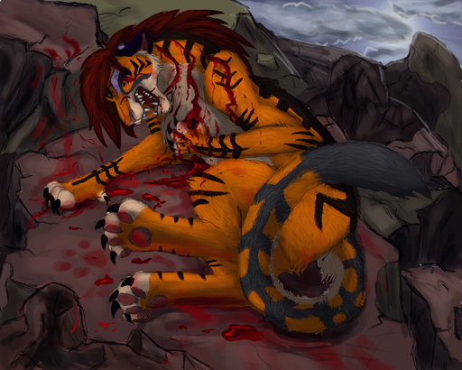 5:4 araivis-edelveys blood bodily_fluids brown_hair claws eyes_closed felid feral feral_with_hair fur hair lying mammal nude open_mouth orange_body orange_fur solo teeth wounded // 1000x800 // 3.2MB