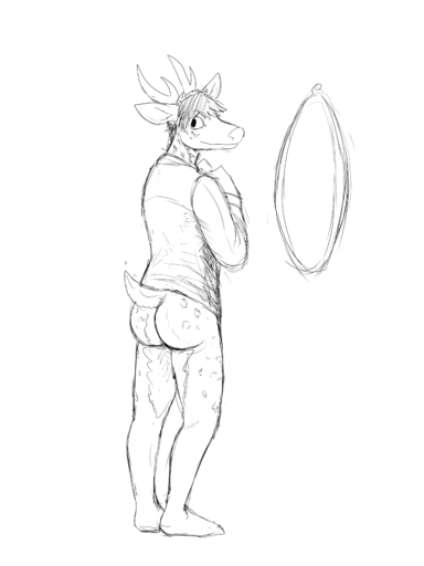 anthro antlers barefoot biped black_and_white bottomless butt cervid clothed clothing deer_prince feet fur hair hi_res hladilnik horn looking_at_viewer male mammal monochrome nude plantigrade rear_view simple_background solo topwear undressing // 1280x1706 // 140.9KB