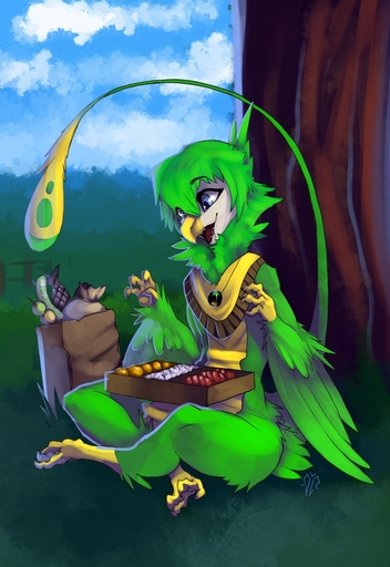 2015 ambiguous_gender anthro avian beak biped blue_eyes clothed clothing feathered_wings feathers food green_body green_feathers happy hi_res nevrean open_mouth outside plant quzue sitting solo talons tree winged_arms wings zerolativity // 879x1280 // 208.8KB