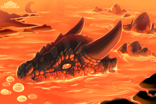 3:2 ambiguous_gender bubble chromamancer detailed detailed_background detailed_scales dragon eyebrows facial_scales feral glowing hi_res horn lava partially_submerged red_body red_scales red_sclera red_theme rock scale_eyebrows scales scalie shaded solo // 1800x1200 // 2.7MB