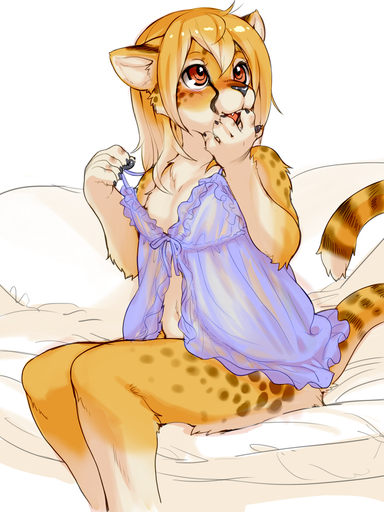 2016 3:4 amber_eyes anthro babydoll bed biped blonde_hair cheetah clothed clothing felid feline female flat_chested furniture gown hair kikurage mammal nightgown off_shoulder sitting solo spots young // 750x1000 // 583.2KB