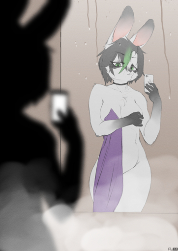 2019 anthro clover_(foxboy83) covering covering_breasts covering_self digital_media_(artwork) female foxboy83 hi_res holding_object holding_phone lagomorph leporid mammal mirror phone rabbit selfie solo standing towel water // 905x1280 // 1.1MB