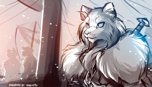 2019 7:4 anthro background_character beard braided_hair conditional_dnp domestic_cat eyebrows facial_hair felid feline felis fluffy fur_trim_(clothing) group hair hi_res keidran male male_focus mammal melee_weapon monochrome norwegian_forest_cat outside ship sideburns silhouette simple_background sketch snow solo_focus sword tom_fischbach twokinds vehicle viking watercraft weapon webcomic webcomic_character whiskers winter // 2240x1280 // 2.4MB