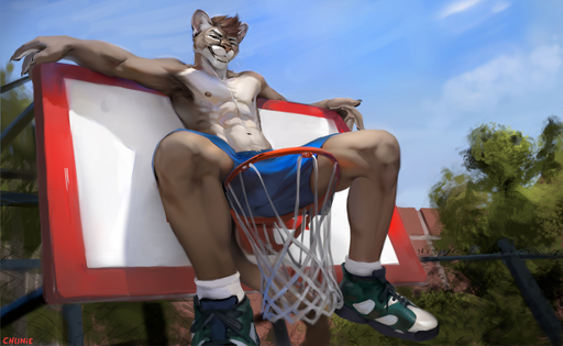 2019 anthro athletic athletic_anthro athletic_male basketball biped bottomwear bulge chunie clothed clothing cougar detailed_background digital_media_(artwork) felid feline fur hair looking_at_viewer male mammal navel nipples outside shorts sitting sky smile solo topless // 1280x787 // 480.2KB