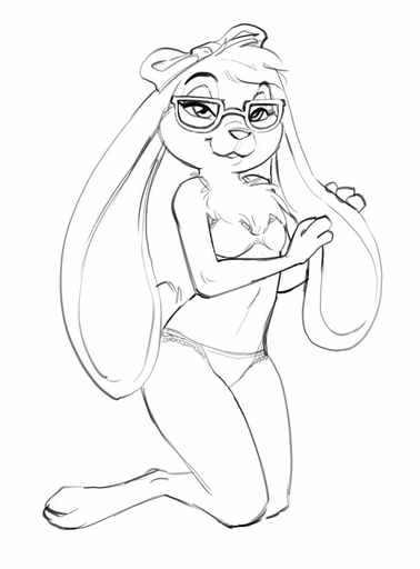 2016 anthro big_ears biped black_and_white bow_tie bra chest_tuft clothed clothing digital_drawing_(artwork) digital_media_(artwork) eyelashes eyewear female fur glasses hair kneeling lagomorph leporid looking_at_viewer mammal monochrome panties paws rabbit simple_background sketch skimpy smile solo tuft underwear white_background zaush // 608x823 // 34KB