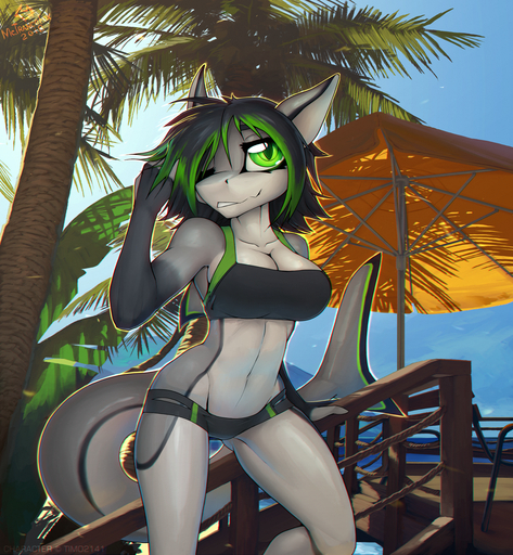 2018 anthro bikini black_hair breasts cleavage clothed clothing collarbone detailed_background dorsal_fin eyebrows eyelashes female fin fish green_eyes green_hair grey_body grey_skin hair hi_res looking_at_viewer macmegagerc marine midriff multicolored_hair navel non-mammal_breasts one_eye_closed outside palm_tree plant sarah_hunter shark smile solo standing swimwear tail_fin thigh_gap tree two_tone_hair wide_hips wink // 1293x1400 // 2.9MB