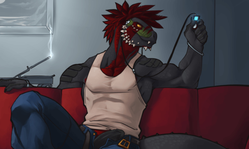 5:3 anthro argonian athletic biceps biped black_penis clothed clothing erection faint fangs front_view furniture genitals green_body green_skin grey_body grey_skin hair horn humanoid_genitalia humanoid_penis male markings muscular muscular_anthro pecs penis reclining red_body red_hair red_skin reptile scales scalie sitting smoke sofa solo spots tagg teeth topwear underwear vein vest video_games yellow_eyes // 1280x768 // 190.5KB
