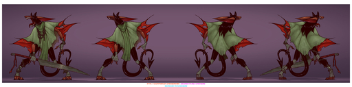 absurd_res anthro chiropteran concept_art demon hi_res james_howard long_image male mammal melee_weapon model_sheet smol_aamon_(james_howard) solo sword weapon wide_image // 5058x1250 // 2.3MB