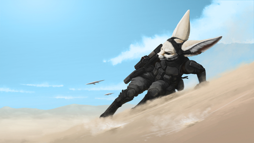 16:9 2021 aircraft anthro canid canine clothed clothing cloud day detailed_background fennec fox fully_clothed fur gun hi_res holding_gun holding_object holding_weapon inner_ear_fluff ipoke male mammal outside p90 ranged_weapon sand sky solo submachine_gun tan_body tan_fur tuft vulpes weapon widescreen // 1600x900 // 1.1MB