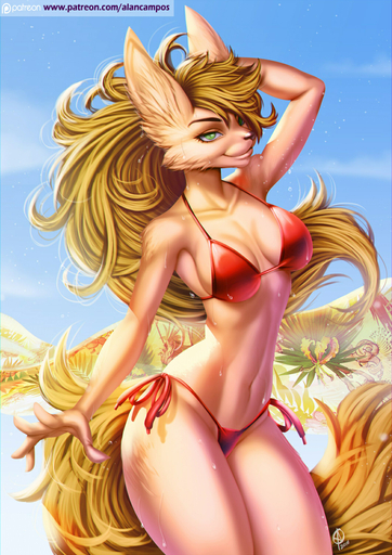 2016 5_fingers alanscampos anthro bikini blonde_hair brown_nose clothed clothing eyebrows eyelashes female fingers fur green_eyes hair hi_res long_ears long_torso mammal navel outside pink_body pink_fur side-tie_bikini side-tie_clothing skimpy sky small_waist smile solo standing string_bikini swimwear text thick_thighs tied_bikini tied_clothing url wide_hips // 1060x1500 // 590.8KB