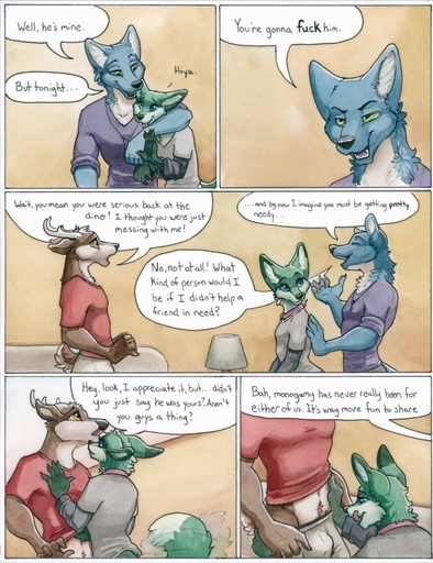 2018 5_fingers anthro antlers assisted_exposure blue_(ruaidri) blue_body blue_eyes blue_fur body_hair brown_body brown_fur bulge bulge_in_face canid canine canis cervid clothing collar comic confusion dialogue dipstick_tail english_text fingers fox fur gale_(ruaidri) green_body green_eyes green_fur group happy_trail hi_res horn imminent_sex inner_ear_fluff licking licking_lips male mammal multicolored_body multicolored_fur multicolored_tail painting_(artwork) profanity ruaidri self_lick speech_bubble swingers tailwag text tongue tongue_out traditional_media_(artwork) tuft two_tone_body two_tone_fur watercolor_(artwork) white_body white_fur wolf // 985x1280 // 299.5KB