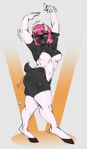 2019 5_fingers anthro avante92 black_body black_fur bovid breasts caprine clothing female fingers fur hair hi_res hooves horn legwear mammal pink_hair sheep smile solo squish thigh_highs thigh_squish // 1025x1756 // 102KB