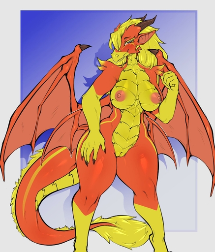 2019 anthro avante92 big_breasts blush breasts dragon female genitals hair hi_res horn looking_at_viewer nipples non-mammal_breasts nude peach_pussy pussy scalie smile solo wings // 1536x1799 // 249.6KB