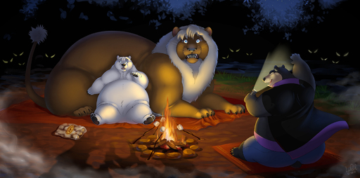 ambiguous_gender campfire camping candy dessert detailed_background felid flashlight food forest gesture group hi_res lion mammal marshmallow morbidly_obese night obese outside overweight pantherine plant pointing polar_bear reallynxgirl scary tree ursid ursine yellow_eyes // 2000x992 // 1.8MB