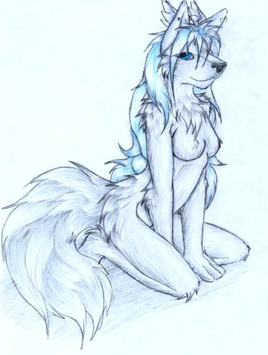 anthro biped black_nose blue_eyes blue_hair breasts canid canine ear_piercing female fluffy fluffy_tail fur hair long_hair looking_aside looking_at_viewer mammal nude piercing ruaidri simple_background sitting smile solo white_background white_body white_fur // 653x866 // 75KB