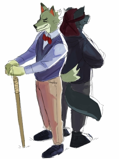 age_difference animal_crossing anthro back_to_back cane canid canine canis clothing dobie_(animal_crossing) duo durag eyes_closed footwear goon_(goonie_san) goonie-san hi_res male mammal nintendo old perspective shoes smile standing video_games wolf // 1533x2053 // 252.5KB