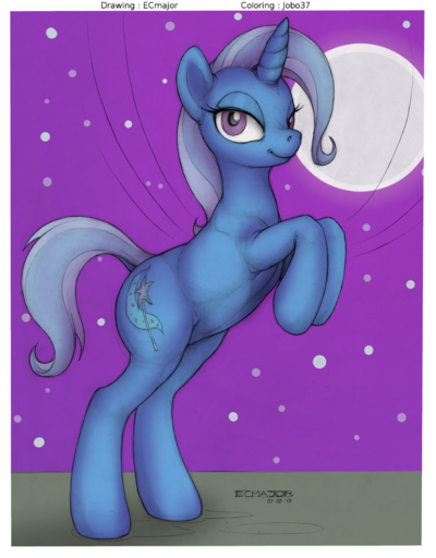 2013 blue_body blue_fur border cutie_mark ecmajor equid equine female feral friendship_is_magic fur hair hasbro hi_res horn horse jobo37 legs_up looking_at_viewer mammal moon multicolored_hair my_little_pony night outside purple_eyes sky smile solo standing star starry_sky trixie_(mlp) two_tone_hair unicorn white_border // 993x1270 // 1.6MB