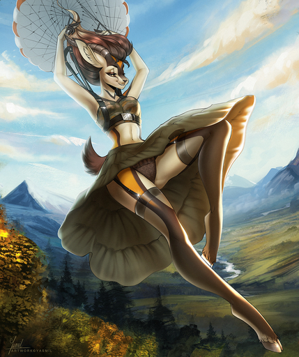 2019 antelope anthro biped black_body black_fur black_horn bottomwear bovid brown_body brown_fur brown_tail clothed clothing cloud crop_top day detailed_background digital_media_(artwork) dress eyelashes female fingerless_(marking) fully_clothed fur gazelle grass harness hooves horn legwear long_legs mammal mountain multicolored_body multicolored_fur navel outside panties parachute plant shirt short_tail skirt sky smile solo stockings suspended_in_midair thigh_highs topwear tree underwear upskirt white_body white_fur yasmil yellow_body yellow_fur zahra_(airheart) // 941x1123 // 1.7MB