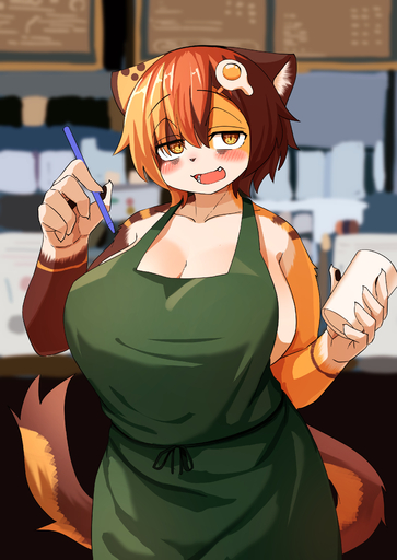 2022 5_fingers absurd_res accessory akamu_ver20 anthro apron apron_only big_breasts blush breasts brown_body brown_fur brown_hair calico-chan_(akamu_ver20) calico_cat claws cleavage clothed clothing container cup cute_fangs domestic_cat felid feline felis female finger_claws fingers fur green_apron hair hair_accessory half-closed_eyes half-length_portrait hi_res holding_object kemono looking_at_viewer mammal meme mostly_nude mottled multicolored_body multicolored_fur multicolored_hair multicolored_tail narrowed_eyes open_mouth orange_body orange_eyes orange_fur orange_hair pawpads pen piebald portrait short_hair solo white_body white_fur writing_utensil // 2508x3541 // 2.9MB