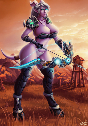 archer armor arrow big_breasts blizzard_entertainment blue_eyes bow_(weapon) breasts camel_toe detailed detailed_background draenei female glowing glowing_eyes holding_object holding_weapon hooves horn huge_breasts humanoid humanoid_pointy_ears personalami purple_body purple_skin purple_tail ranged_weapon solo video_games warcraft weapon // 768x1100 // 1.1MB