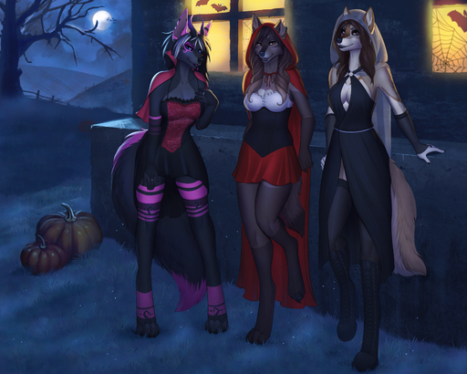 2018 5:4 absurd_res amber_eyes anthro bedroom_eyes black_body black_fur blue_eyes boots brown_body brown_fur can-can canid canine canis clothing costume cute_fangs demon detailed_background digital_media_(artwork) dress female fingerless_gloves food footwear fruit fur furgonomics gloves gloves_(marking) group hair half-closed_eyes halloween handwear hi_res holidays hybrid krisztina legwear little_red_riding_hood_(copyright) looking_at_viewer luxy magic_user mammal markings moon narrowed_eyes open_mouth open_smile pink_body pink_fur plant pumpkin scar seductive shaded smiju smile stockings tan_body tan_fur tattoo witch wolf wyla wyla_(character) // 4200x3360 // 29.1MB