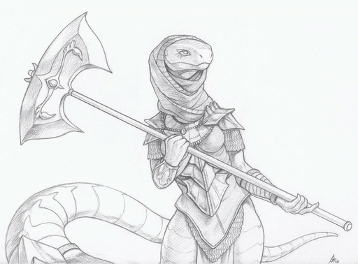 2020 anthro apode armor axe breasts clothed clothing crestfallenartist draconcopode female greyscale holding_object holding_weapon hood legless melee_weapon monochrome naga non-mammal_breasts reptile scales scalie serpentine simple_background snake solo traditional_media_(artwork) weapon white_background // 1280x946 // 214.3KB