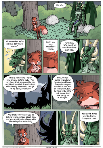 5_toes 7:10 anthro biceps biped blue_eyes bodily_fluids bottomwear boulder canid canine cheek_tuft chest_tuft claws clothed clothing comic crossed_arms day dialogue digital_media_(artwork) digitigrade dragon duo english_text eyelashes eyes_closed facial_tuft feet fluffy fluffy_tail forest fox fur geminisaint grass green_body head_tuft head_turn hi_res horn loincloth long_tail male mammal membrane_(anatomy) membranous_wings multicolored_body muscular muscular_anthro muscular_male navel nipples open_mouth paws pecs plant plantigrade red_body red_fur rock scalie sekk'ral shrub silhouette sitting size_difference surin sweat sweatdrop teeth text toe_claws toes tongue topless tree tribal tribal_clothing tuft two_tone_body wing_claws wings // 896x1280 // 547.4KB