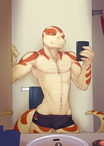 amber_eyes anthro athletic bathroom biceps biped boxers_(clothing) brown_markings bulge clothed clothing colubrid corn_snake derrick_(hextra) doxy front_view genital_outline hi_res lampropeltini looking_away male markings muscular muscular_anthro pecs penis_outline phone pupils rat_snake reptile scalie selfie slit_pupils snake solo standing tan_body topless underwear v-cut // 851x1200 // 1.1MB