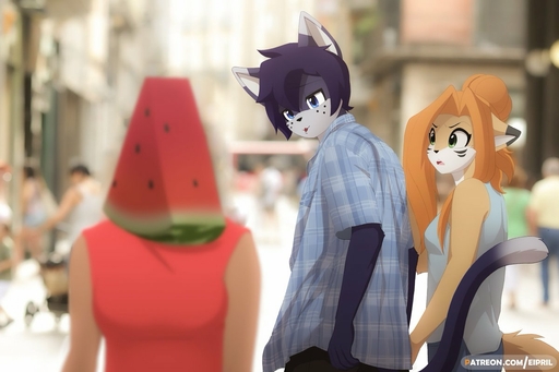 animate_inanimate anthro breasts canid canine clothed clothing domestic_cat duo eipril elisabeth_(eipril) felid feline felis female food fox fruit hair humor inanimate_transformation male mammal melon meme plant rouen_(eipril) tagme transformation watermelon // 1200x800 // 100.4KB
