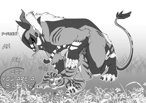 absurd_res aldemar anthro bestiality doggystyle duo erection felid feline felkin female feral from_behind_position genitals hi_res knot male malefemale mammal master_tigress monochrome pantherine penis sabrotiger sex size_difference tiger vaginal // 4299x3036 // 2.9MB