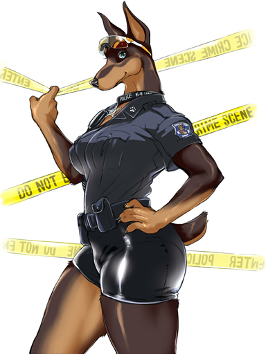 2015 3:4 anthro athletic athletic_anthro athletic_female barricade_tape belt bike_shorts black_body black_fur blue_eyes bottomwear breasts canid canine canis claws clothed clothing collar countershading digital_media_(artwork) dobermann domestic_dog english_text eyewear eyewear_on_forehead eyewear_on_head female fur glasses glasses_on_head hat headgear headwear hi_res kikurage looking_at_viewer mammal officer_belle pinscher police police_tape police_uniform prick_ears shaded shorts simple_background smile solo star sunglasses tan_body tan_fur tape teal_eyes text tight_bottomwear tight_clothing tight_shorts uniform // 900x1200 // 196.1KB