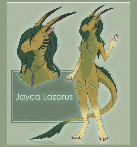 2017 4_toes 5_fingers anthro arsauron biped breasts digital_media_(artwork) digitigrade dragon feet female fingers genitals green_hair hair hi_res horn jewelry model_sheet necklace nipples non-mammal_breasts nude pendant pussy small_waist solo standing toes yellow_eyes // 1470x1576 // 8.9MB