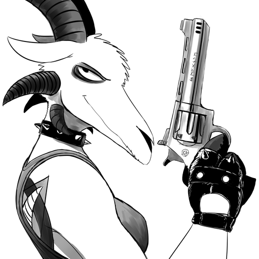 1:1 anthro baphomet_(deity) bovid breasts bust_portrait caprine caprine_demon clothed clothing collar deity demon digital_media_(artwork) female fingerless_gloves futhark gloves goat goat_demon greyscale gun handgun handwear hi_res hladilnik horn inverted_pentacle looking_at_viewer lucy_(hladilnik) mammal monochrome pentacle pentagram portrait ranged_weapon revolver runes shirt side_view simple_background smile solo spiked_collar spikes tank_top tattoo topwear weapon white_background // 1280x1280 // 504.0KB
