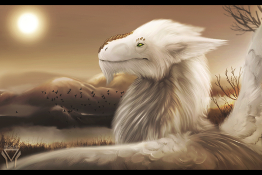 2019 avian bird black_bars brzozan day detailed_background digital_media_(artwork) dragon feathered_dragon feathered_wings feathers feral fur furred_dragon green_eyes male outside sky solo white_body white_fur wings // 1168x780 // 1.5MB