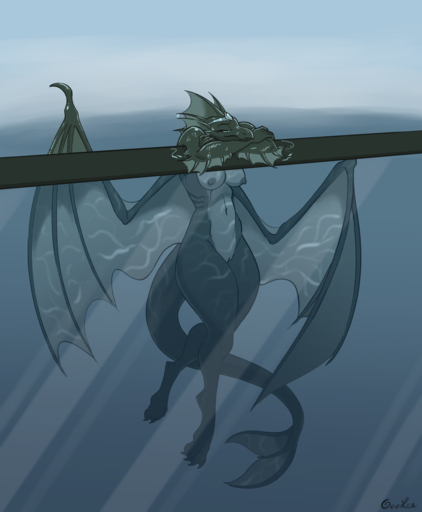 2022 anthro aquatic_dragon breasts dragon female frill_(anatomy) genitals goolee hi_res looking_at_viewer marine membrane_(anatomy) membranous_wings nipples nude pussy scalie solo swimming water wings // 1320x1600 // 771.0KB