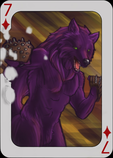 anthro brass_knuckles canid canine canis card cestus claws fur green_eyes hi_res killioma male mammal melee_weapon open_mouth playing_card purple_body purple_fur sekotta seven_of_diamonds solo spikes suit_symbol teeth tongue weapon wolf // 1500x2100 // 1006.6KB