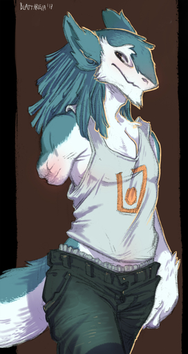 2017 absurd_res amputee anthro blattarieva blue_body blue_fur blush bottomwear clothed clothing denim denim_clothing disability fluffy fully_clothed fur grey_eyes hi_res jeans looking_away male mammal pants sergal shirt simple_background smile solo standing tank_top topwear // 2124x4000 // 3.1MB