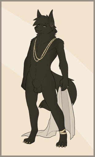 2018 animal_genitalia anklet anthro anubian_jackal balls black_balls canid canine canis ear_piercing fully_sheathed fuzzikayu genitals hi_res jackal jewelry looking_at_viewer male mammal necklace piercing rilohn ring sheath simple_background smile solo // 1216x2014 // 514.9KB