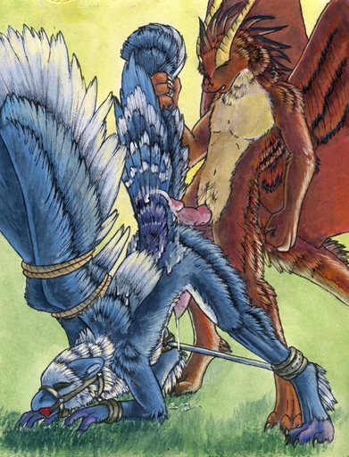 2011 akulatraxas anthro anthro_on_anthro avian ball_gag bdsm beak bodily_fluids bondage bound cum cumshot domination dragon duo ejaculation erection feathered_wings feathers fully_bound fur furred_dragon gag gagged genital_fluids genitals gryphon horn interspecies male malemale male_domination messy mjoellnir mythological_avian mythology orgasm penis ruaidri sex spread_legs spreader_bar spreading submissive submissive_male tail_grab wings // 629x823 // 147.5KB