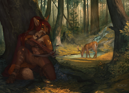 2018 4_toes anthro canid canine cervid clothed clothing crossbow day detailed_background feet female forest fox grass green_eyes hair holding_object holding_weapon honovy hunter hunting leah_tor_(elfox) mammal outside painting_(artwork) plant ranged_weapon red_hair toes traditional_media_(artwork) tree weapon // 1250x909 // 1.7MB